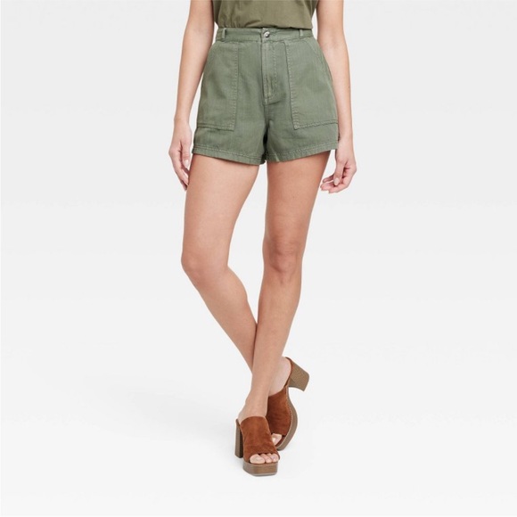 NEW High Rise Utility Twill Shorts Green 6 - Picture 2 of 8